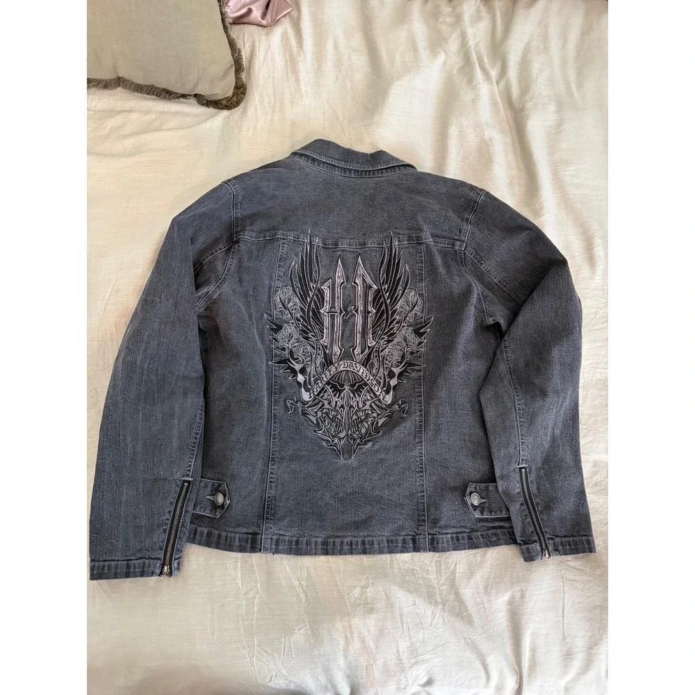 Harley Davidson‎ Y2K Women's Gray Denim Jacket Embroidered Wings & Logo Size 1W
